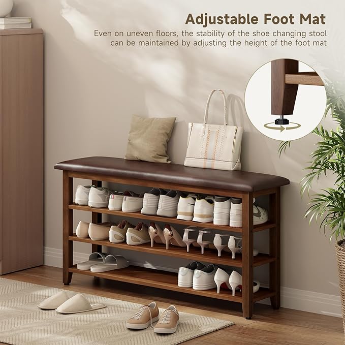 Shoe Bench with Leather Cushion,Wood Bench with Shoe Rack,3-Tier Shoe Storage Organizer for Entryway,Hallway,Living Room (Brown, 3-Tier-47.3")