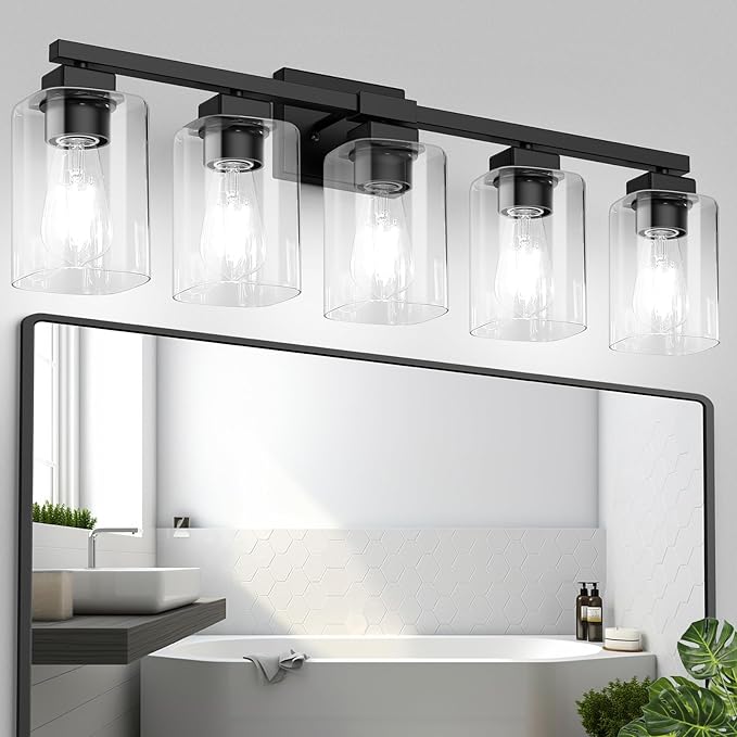 BesLowe 31" 5-Light Bathroom Light Fixture, Modern Black Bathroom Vanity Light, Bathroom Lighting Fixtures Over Mirror, Matte Black Wall Socnce Lamp, Wall Lights for Living Room Bedroom Hallway