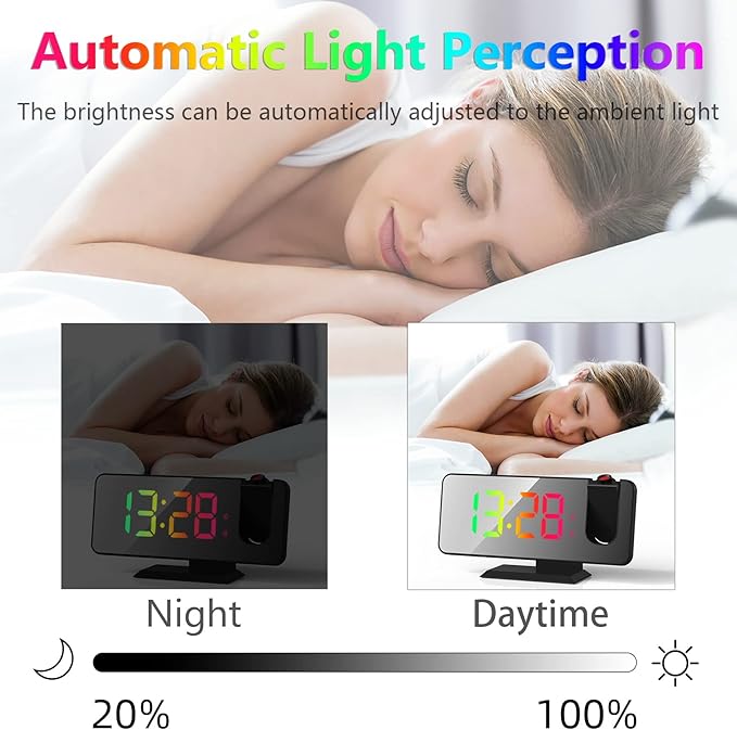 Projection Alarm Clock for Bedroom Ceiling, 180° Rotatable Projector 7.4” Mirror RGB Digital LED Display 12/24H, 5 Level Brightness Dimmer, Dual Alarm Clock (Black)