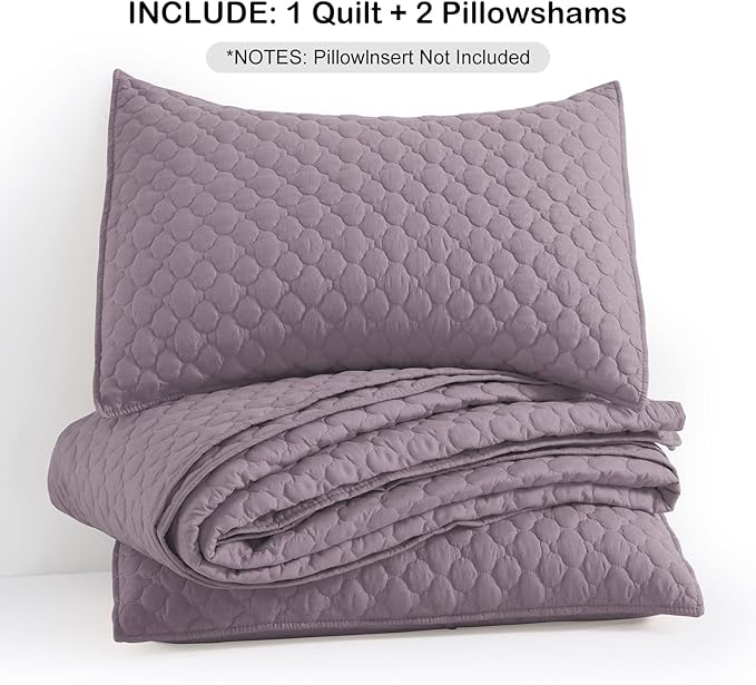 HORIMOTE HOME Quilt King Size Grayish Purple, Lightweight Quilt for Summer, Ultra-Soft Microfiber Modern Style Quilted Clouds Pattern Bedspread Quit Set 3 Pieces(1 Quilt and 2 Pillow Shams)