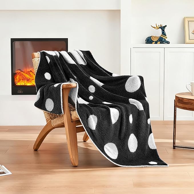 CozeCube Super Soft Fullfy Microfiber Reversible Knitted Blankets, Warm Cozy Fuzzy Plush Throw, Black and White Polka Dot Throw Blanket for Couch Bed Sofa, 60" x 80"