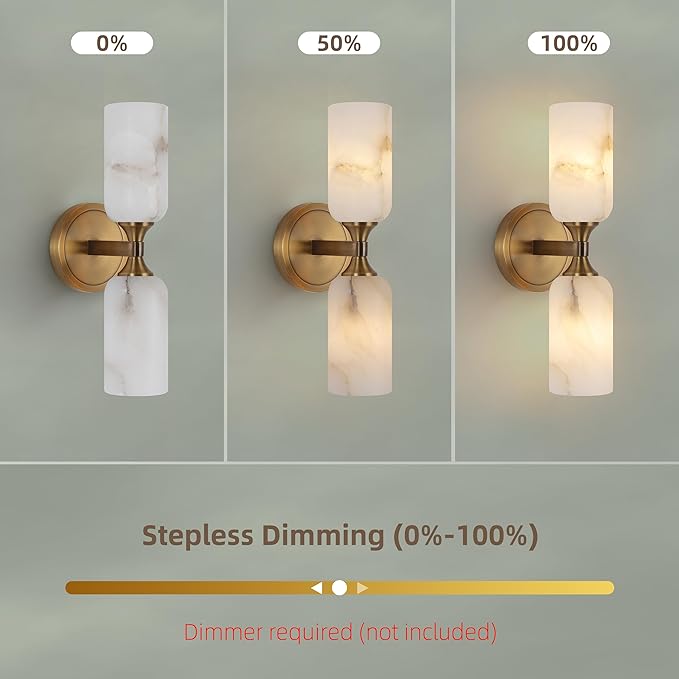 14.4in Alabaster Wall Sconce, Gold Sconces with Spanish Marble, Modern Brass Wall Mounted Lamp, Hardwired LED Wall Lighting for Bathroom Bedroom Living Room Staircase Hallway Dining Room
