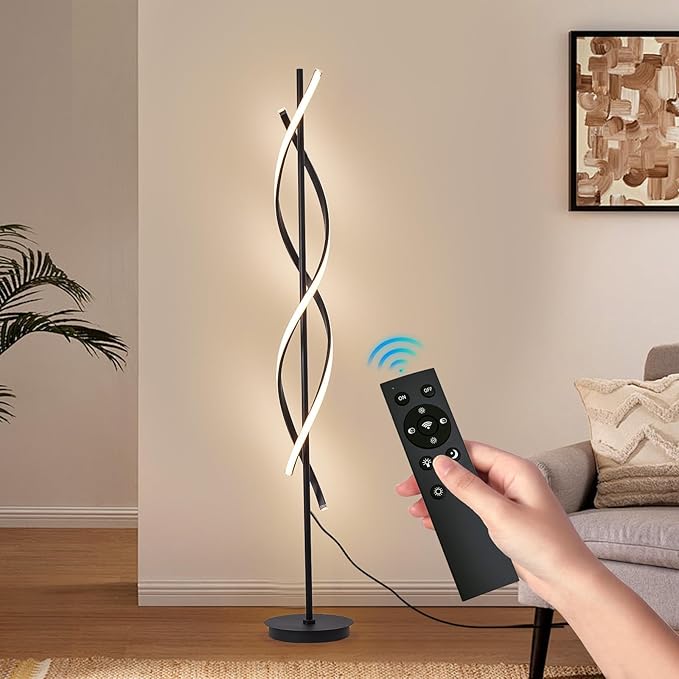 Modern Floor Lamp, 40W 3 Colors Stepless Dimmable and Color-Changing Bright Floor Standing Tall Lamp for Living Room,60" Unique Spiral Floor Lamp for Bedroom Office with Remote Black