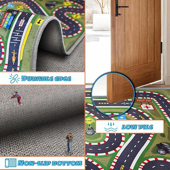 Kids Rug,Children's Room Rug,Road Race Play Rugs, Rail City Living Rugs, Washable Non-Slip Play Mats. (Green, 39x59in)