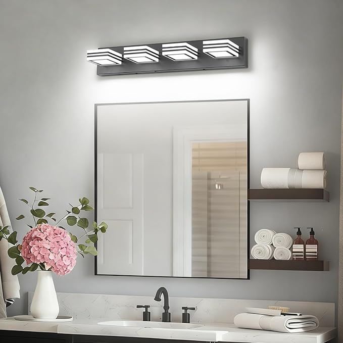 SOLFART Bathroom Vanity Light Over Mirror - 4 Light Led Vanity Light Fixture 26inch Matt Black Lights for Bath 5CCT