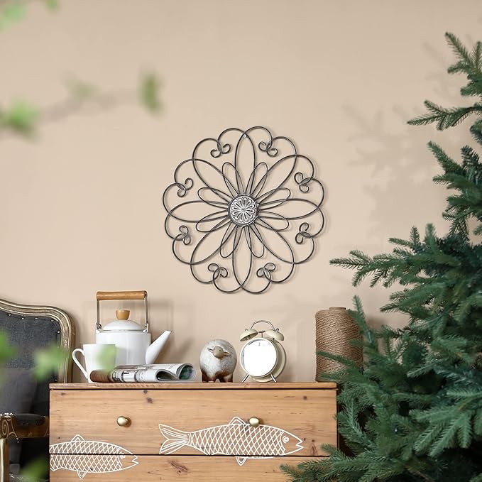 YiLifebes Metal Flower Wall Decor, 18”x18” Metal Floral Scroll Wall Art, Iron Wall Decoration Sculpture for Living Room Bedroom Bathroom Outdoor Garden, (Flower A)