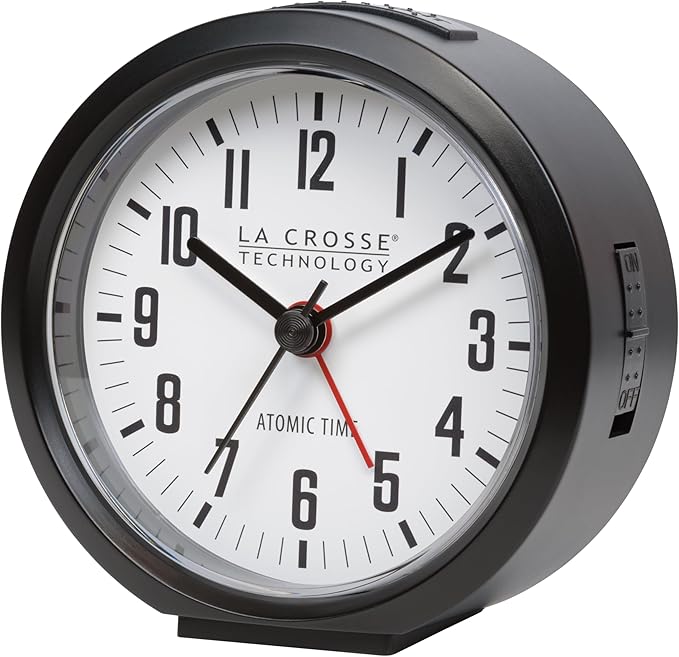 La Crosse Technology 617-710B-INT 4-Inch Round Black Atomic Analog Alarm Clock