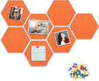8 Packs Hexagon Felt Pin Board, 12" Bulletin Board with 30 Push Pins, Felt Board for Home Kitchen Office Decor, Self-Adhesive Corkboard Tiles for Walls School Message Photos Memos-Orange