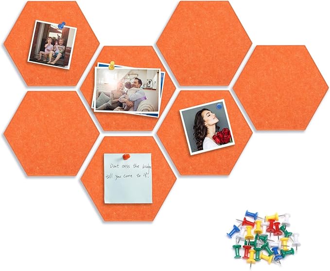 8 Packs Hexagon Felt Pin Board, 12" Bulletin Board with 30 Push Pins, Felt Board for Home Kitchen Office Decor, Self-Adhesive Corkboard Tiles for Walls School Message Photos Memos-Orange