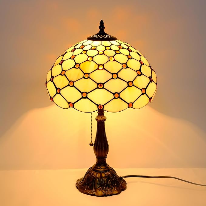 Tiffany Lamp Vintage White Cream Stained Glass Bead Table Lamp Desk Bedside Reading Light Decor Bedroom Living Room Home Office D12*H18 Inches