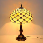 Tiffany Lamp Vintage White Cream Stained Glass Bead Table Lamp Desk Bedside Reading Light Decor Bedroom Living Room Home Office D12*H18 Inches