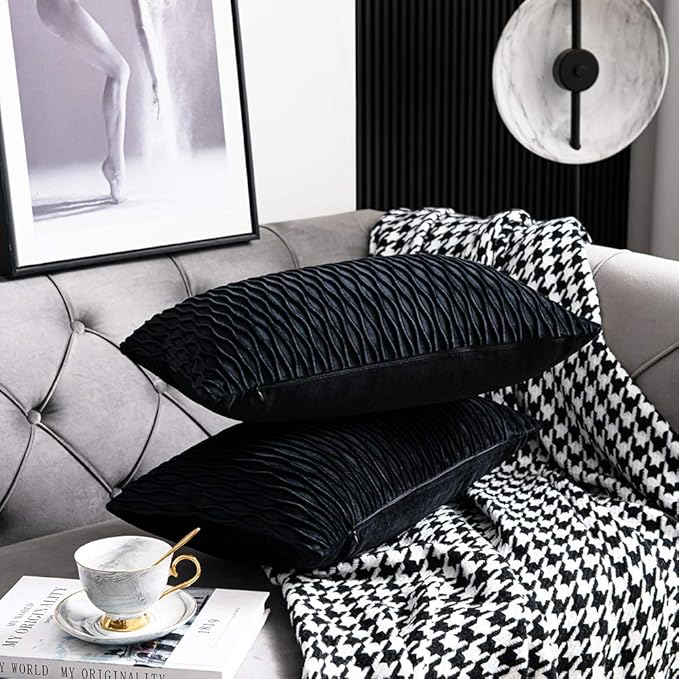 Black Striped Decorative Pillow Covers: 2 Pack 12x20 Inch Original Velvet Rectangular Throw Pillow Cases for Farmhouse Couch