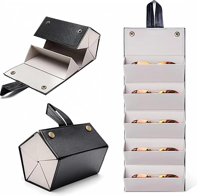 Portable Foldable Glasses Box 3/5 Multi-Slot Eyeglass Storage Display Organizer PU Leather Travel Sunglasses Case(Balck,Small)