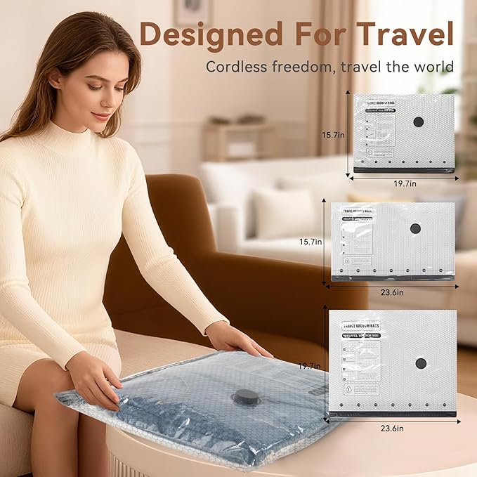 Vacuum Seal Bags for Clothing Travel，12 Combo Size with Cordless Electric Pump，Space saving vacuum bags for travel and clothing storage