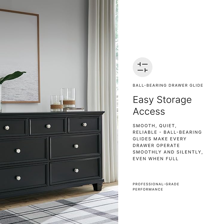 Signature Design by Ashley Lanolee Traditional Dresser with Framed Drawer Fronts and Tapered Feet, 7 Drawers, Satin Nickel Knobs, Wood, 36" High, Black