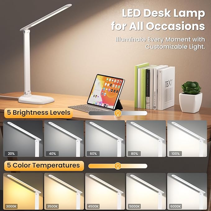 Desk Lamp with Charger, 10%-100% Stepless Dimmable & 5 Color Modes Study Lamp, Touch Control, 30-/60-minute Timer, USB Charging Output Port, CRI≥90, Eye-Caring Foldable LED Desk Lamps for Home Office