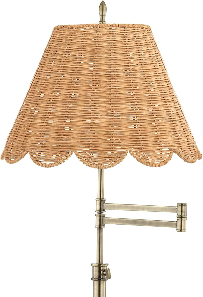 360 Lighting Westbury Modern Natural Cottage 70" Tall Standing Floor Lamp Skinny Pole Swing Arm Adjustable Gold Metal Antique Brass Finish Living Room Bedroom Reading Beige Scalloped Rattan Shade