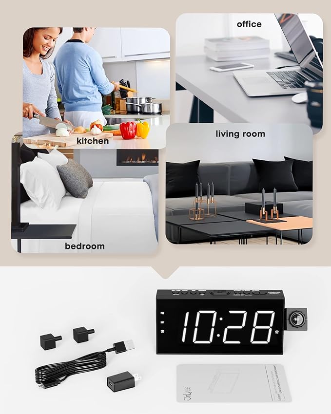 Projection Alarm Clock on Ceiling,Digital Clock for Bedroom with Battery Backup,7”Large Display,USB Charger,Dimmer,180° Rotatable Projector,12/24H,Snooze,DST,Loud Alarm Clock for Kids,Adults,Elders