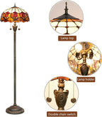 Tiffany Floor Lamp Red Tulip Style Stained Glass Standing Reading Light 16X16X64 Inches Antique Unique Pole Corner Tall Decor Lamp for Bedroom Living Room Home Office