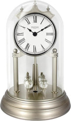 9" Genevieve Mantel Clock with Revolving Pendulum, 50th Anniversary Clock Glass Dome, Wedding Gifts, Desk & Shelf Clock for Living Room Fireplace Decor (Morning Sliver)