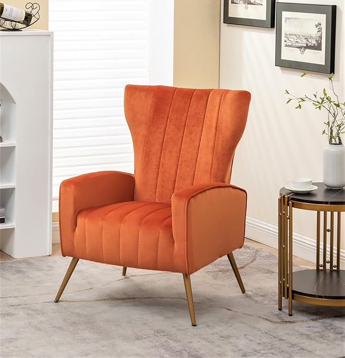 Modern Velvet Accent Chair, Channel Tufted Bedroom, Office or Living Room Furniture with Elegant Metal Legs, 26" Wide Armchair, Orange Red