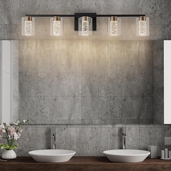 SineRise 5-Light Black and Gold Vanity Light with 3 Color Modes (3000K/4000K/6000K), Eye Protection LED Bathroom Light Fixture, Dimmable Modern Wall Light Over Mirror with Clear Glass Shade