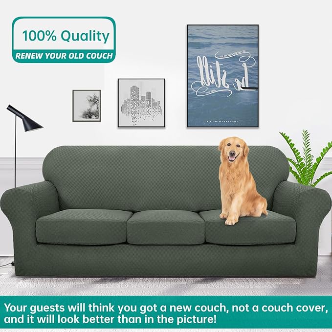 YEMYHOM Latest Checkered 4 Pieces Couch Covers for 3 Cushion Couch Extra Large High Stretch Thickened Sofa Cover for Dogs Pets Furniture Protector Sofa Slipcovers (Army Green), 91"-110"(3 Cushions)
