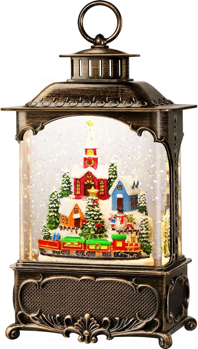 Village Snow Globe Christmas Decorations Gifts Snowman Church Village Scene USB/Battery Timer Music Glitter Snowfall Lantern 10.2 inch