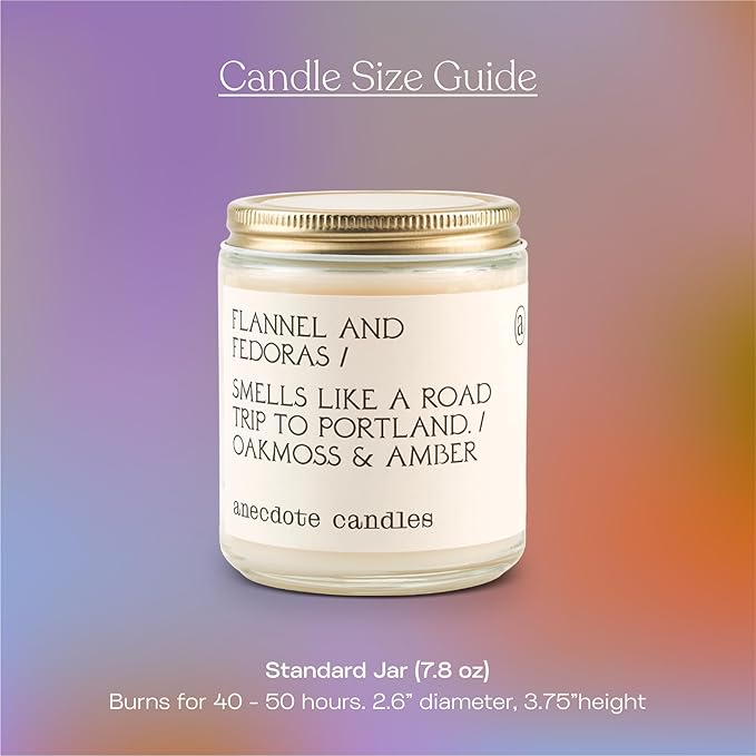 Anecdote 'Flannel & Fedoras' Coconut Soy Wax Candle Jar | Premium Hand Poured & Long Burning | Oakmoss & Amber Scent | Phthalate-Free | for Home, Office, Gift - 7.8 Oz