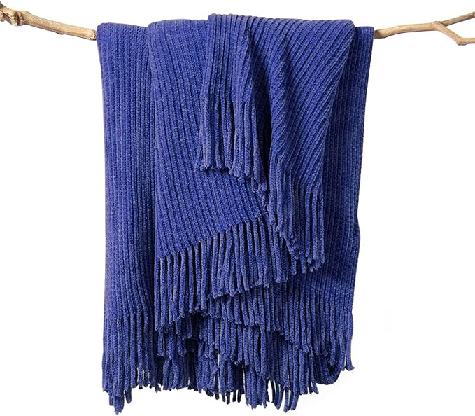 lifein Throw Blanket for Couch, Soft Boho Decor Bed Throw,Cozy Blue Chenille Knitted Small Farmhouse Lightweight Throw (Blue,60 * 80")