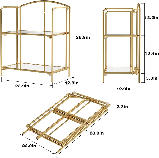 Crofy No Assembly Folding Bookshelf for Living Room, 2 Tier Gold Collapsible Book Shelf for Home Office, Portable Bookcase Storage Organizer