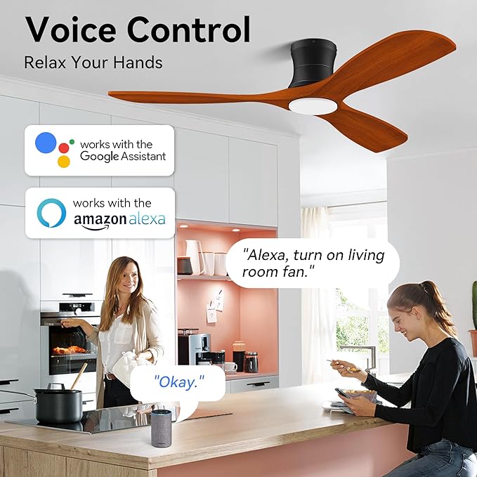 52' Smart Wood Low Profile Ceiling Fan with Lights Remote, Quiet DC Motor, Outdoor Indoor Flush Mount, Voice Control via WIFI Alexa App, Modern Dimmable Lighting for Bedroom Patio