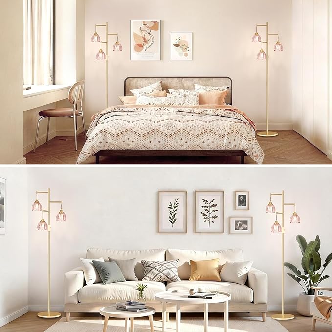 Dimmable Floor Lamp for Living Room, Bedroom, Gold Standing Lamp with 3pcs 6W Bulbs, Vintage Brass Floor Lamps for Corner, Nursery (Pink Tulip)