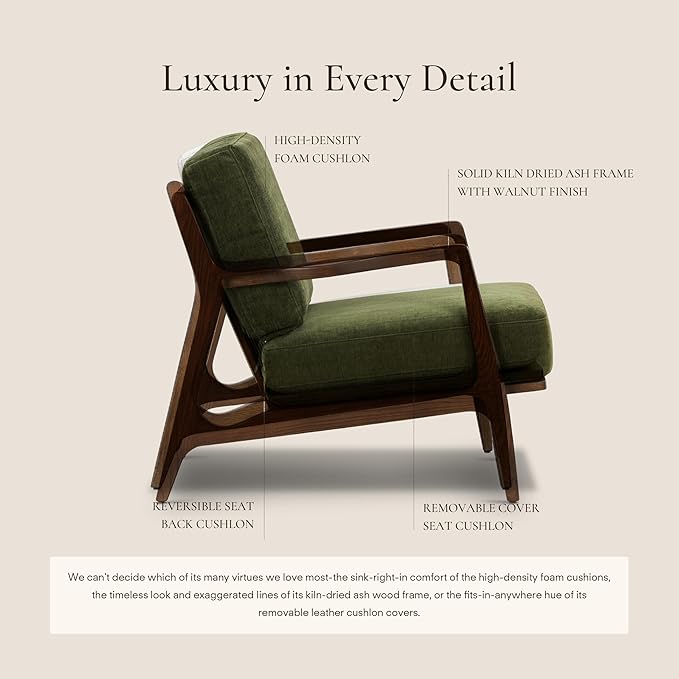 Poly & BARK Verity Fabric Accent Chair – Fabric Armchair with Walnut Wood Frame – Fashion-Forward Lounge Seating for Living Room – Upholstered in Distressed Green Velvet for Modern Style