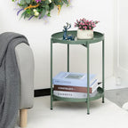 HollyHOME 2-Tier Round Side Table, Outdoor Small Folding Accent Stand with Removable Tray, Anti-Rust Metal Asional Table for Balcony Patio Living Room, Nightstand for Bedroom(Matcha Green)