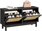 HOOBRO Shoe Storage Bench Entryway, Rattan-Like Shoe Bench with Flip Drawers, Narrow Shoes Rack Cabinet with Rattan Doors, Wooden Organizer for Entryway Hallway, Black BN51HX01