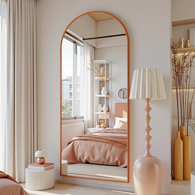 Antok Full Length Mirror, 58"x18" Floor Mirror, Arched Floor Standing Freestanding Arch Full Body Mirrors with Stand for Bedroom, Hanging Mounted for Living Room Cloakroom,Orange