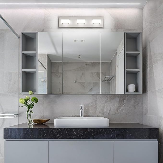 Ralbay 3-Light Brushed Nickel Bathroom Vanity Lights Metal Acrylic LED Modern Bathroom Wall Lighting Fixtures