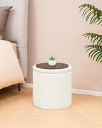 Round Ottoman with Storage, Boucle Foot Rest Stool with Reversible Tray Lid, Folding Teddy Ottoman Coffee Table for Dorm Living Room Bedroom Entryway, White,13" x 13" x 13.8"