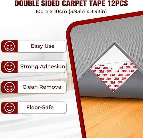 12PC Carpet Tape Double Sided, Heavy Duty Rug Tape for Hardwood Floors, Non-Slip Carpet Adhesive Tape for Area Rugs, Strong Grip