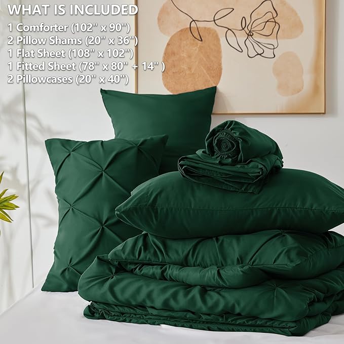 CozyLux King Size Comforter Set Emerald Green, 7 Pieces Pintuck Bed in A Bag Green Comforter King Size, Pinch Pleat Bedding Set with All Season Comforter, Sheets, Pillowcases & Shams