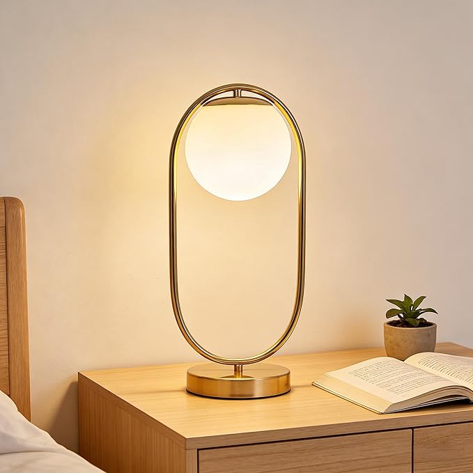 Mid Century Modern Table Lamp White Glass Shade Nightstand Lamp Small Gold Table Lamp for Bedside Bedroom Living Room Office