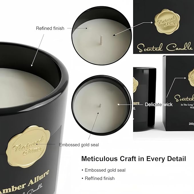 Scented Luxury Candle-Amber Allure-Aromatherapy Jar Candles for Relaxation & Sleep -7 oz- 45 Hours Clean Burn-Hand-Cast -100% Natural Soy Wax -Ideal Gifts