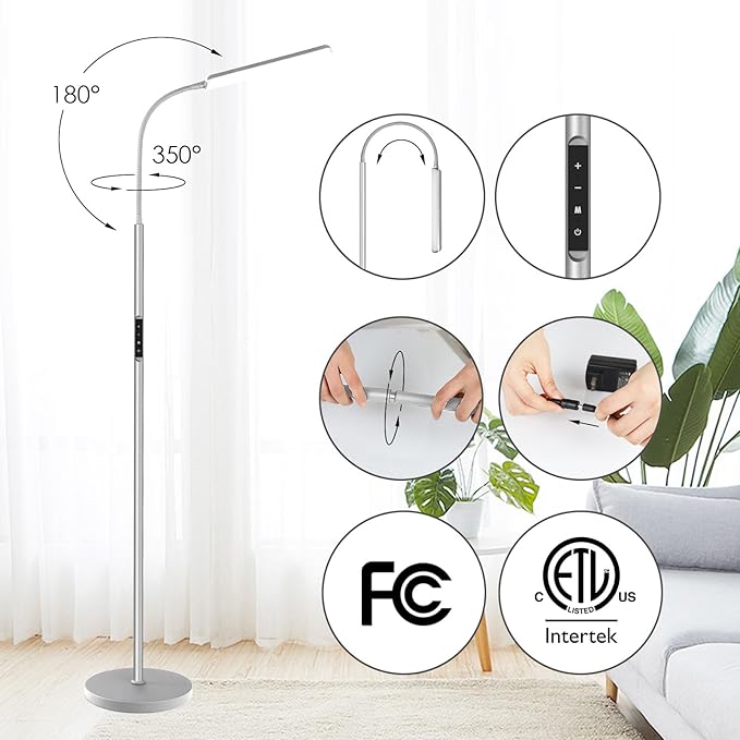 Dimunt LED Floor Lamp, Bright 15W Floor Lamps for Living Room with 1H Timer, Stepless Adjustable 3000K-6000K Colors & Brightness Standing Lamp with Remote & Touch Control Reading Floor Lamps-Silver