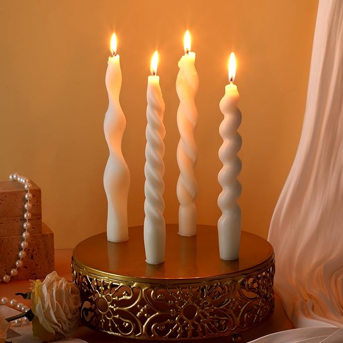 Nuanchu 4 Pcs 7.87 Inch Twisted Taper Candles Wax Unscented Smokeless Spiral Swirl Candlesticks for Wedding Holiday Dinner Party Home Decorations(White)
