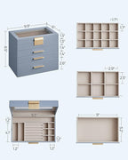 SONGMICS GISELLA Collection - Jewelry Box Organizer, 4-Layer Jewelry Storage with 3 Drawers, Shiny Metal Hardware, Glass Lid, Modern, 6 x 9.9 x 8.5 Inches, Smoky Blue and Gold Color UJBC161Q01