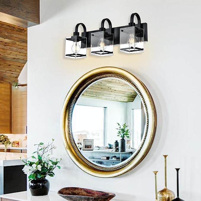 Black Bathroom Light Fixtures 3-Light Wall Sconces Lights,Industrial Vanity Light Farmhouse Lighting Fixtures Bathroom Above Mirror,Modern Wall Light fixtures