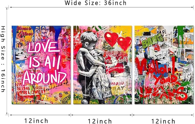 Novatique Banksy Canvas Wall Art Street Wall Art Colorful Graffiti Picture Canvas Print Abstract Modern Graffiti Poster Art for Bedroom Living Room Ready to Hang, 12”x 16”x 3Pcs