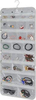 Freegrace Hanging Jewelry Organizer Revolving Hanger - Secure Zipper Closure - 25 Pockets,23 Hooks - Foldable Storage & Display Solution - For All Jewelry & Bijoux (Gray)