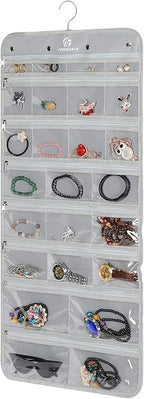 Freegrace Hanging Jewelry Organizer Revolving Hanger - Secure Zipper Closure - 25 Pockets,23 Hooks - Foldable Storage & Display Solution - For All Jewelry & Bijoux (Gray)